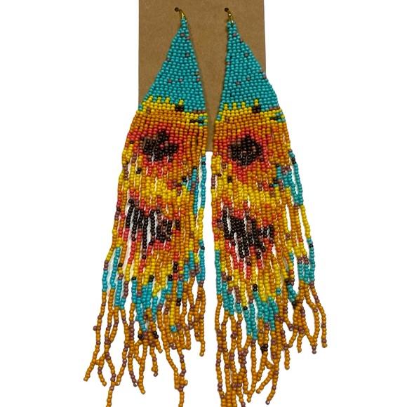 NWOT Blue/Orange Sunflower Boho Beaded Earrings - Picture 5 of 8